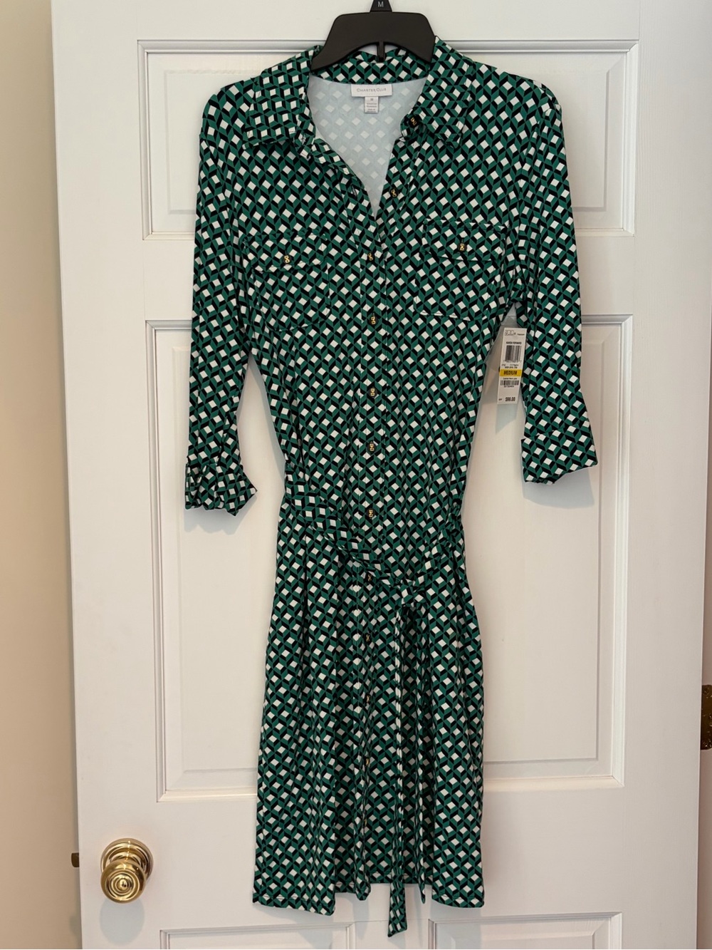 NWT Charter Club Green Jewel Geometric Tie-Waist Shirt Dress